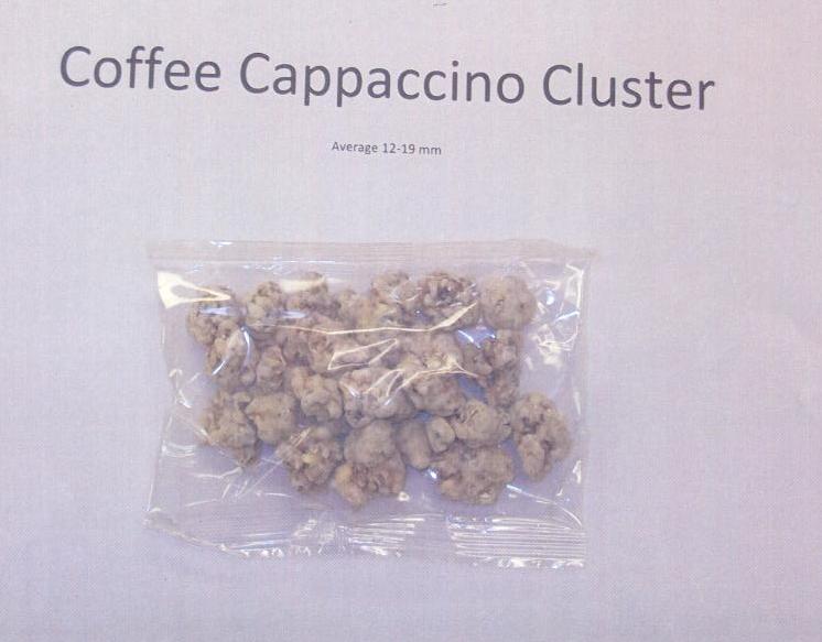 IRREGULAR SHAPED COFFEE CAPPUCCINO CLUSTERS OF MAJORITY ROASTED CEREAL FOR USE AS A BREAKFAST CEREAL AND SNACK. INGREDIENTS: OATS, YOGHURT COMPOUND, MALT SYRUP, RICE CRISPIES, FD SWEET CORN, SPECIAL K, SUGAR, FD COFFEE POWDER, OTHER.