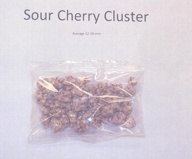 IRREGULAR SHAPED SOUR CHERRY CLUSTERS OF MAJORITY ROASTED CEREAL FOR USE AS A BREAKFAST CEREAL AND SNACK. INGREDIENTS:  OATS, YOGHURT COMPOUND, MALT SYRUP, FD SOUR CHERRY, RICE CRISPIES, CORN FLAKE, SPECIAL K, SUGAR, OTHER.