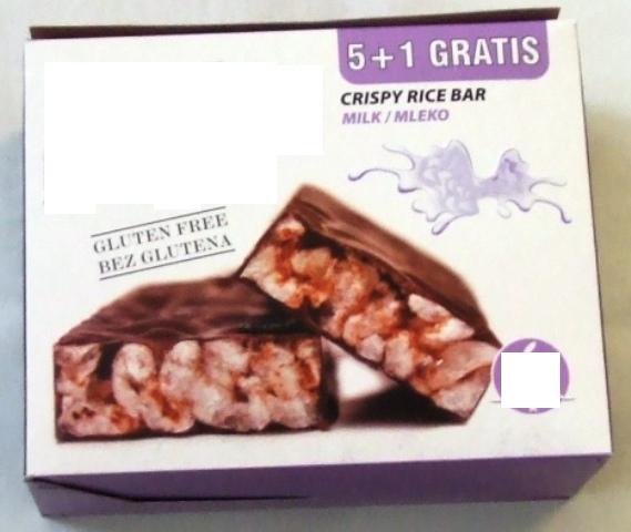 CHOCOLATE COATED RICE CAKE BAR. INGREDIENTS INCLUDE PUFFED RICE, SUGAR, VEGETABLE FAT, COCOA POWDER, SKIMMED MILK POWDER, SOY LECITHIN E322, NATURALLY IDENTICAL FLAVOURINGS PGPR E476. PRESENTED AS A PACK OF 6 16g INDIVIDUALLY WRAPPED BARS IN A PRINTED CARDBOARD BOX.