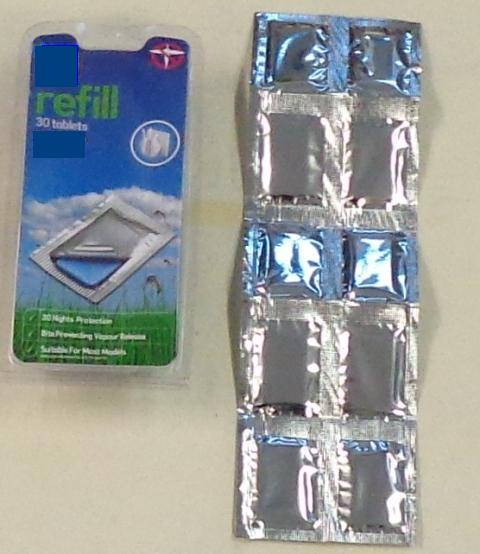 REFILL TABLETS FOR A PLUG IN VAPOURISER. DESIGNED TO PREVENT MOSQUITO BITES AT NIGHT. CONTAINING D-ALLETHRIN. 30 INDIVIDUALLY WRAPPED TABLETS PER PACK. PRESENTED IN PLASTIC PACKAGING WITH PRINTED PAPER INSERTS.