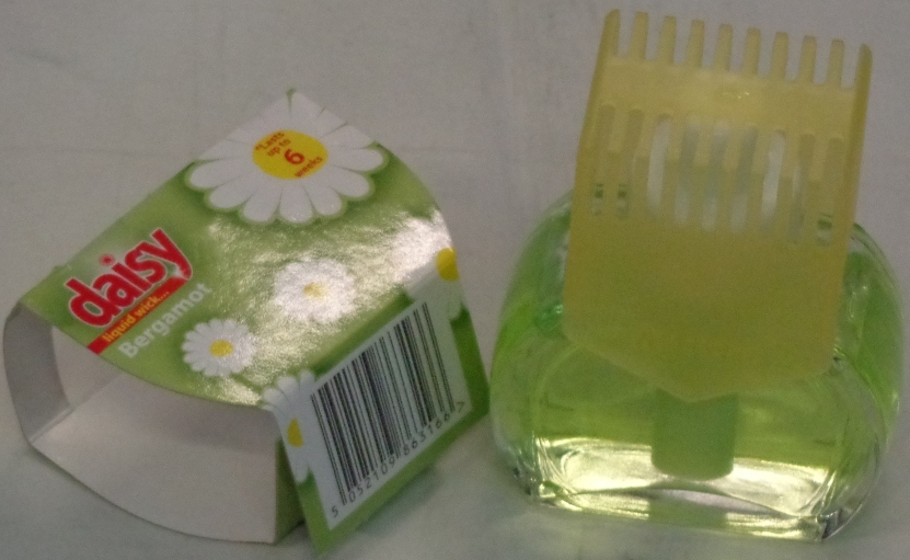 PERFUMED LIQUID AIR FRESHNER. PACKAGED IN A GLASS BOTTLE. WITH A REMOVABLE LID AND PLASTIC VENTED CAP THAT OPENS AND CLOSES WHEN TWISTED. WITH A CARDBOARD SLEEVE.