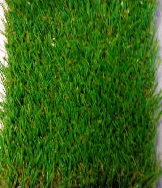 ARTIFICIAL GRASS. MADE FROM POLYPROPYLENE MONOFILAMENT STRANDS, EACH OF WHICH IN CROSS SECTION IS LESS THAN 5MM WIDE AND LESS THAN 1MM IN THICKNESS. THESE STRANDS ARE TUFTED INTO A BASE OF WOVEN TEXTILE AND RECYCLED RUBBER. IN ROLLS OF 2M AND 4M WIDE AND 25M IN LENGTH.