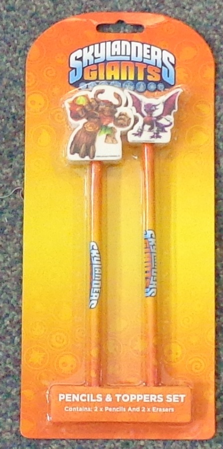 PENCIL AND ERASER TOPPER SET. CONSISTING OF 2 WOODEN PENCILS WITH GRPAHITE LEADS AND 2 ERASER TOPPERS IN THE SHAPE/DESIGN OF SKYLANDER GIANTS FIGURES. PACKAGED ON A CARDBOARD AND PLASTIC HEADER.