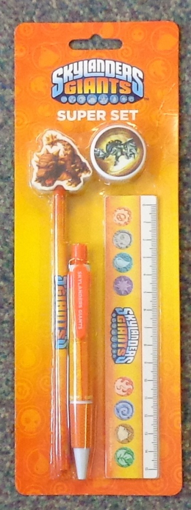CHILDS STATIONERY SET. CONSISTING OF 1 WOODEN PENCIL WITH GRAPHITE LEAD, A PLASTIC PEN, A SMALL PLASTIC RULER (15CM), A PENCIL SHARPNER AND AN ERASER. ALL WITH SKYLANDER GIANTS MOTIF. PACKAGED ON A CARDBAORD AND PLASTIC HEADER