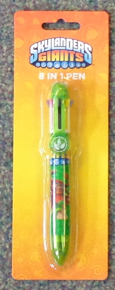 PLASTIC ROLLER BALL PEN. THE PEN HAS A SELECTION OF 8 DIFFERENT COLOURED LIQUID INKS. WITH SKYLANDERS GIANTS MOTIF. PACKAGED ON A CARDBOARD AND PLASTIC HEADER.