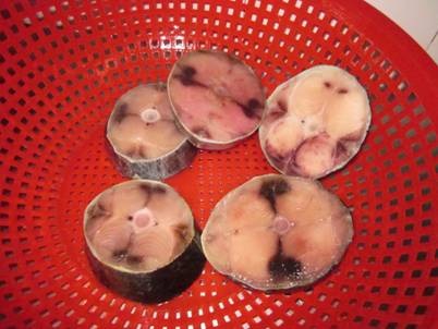 FROZEN YELLOWFIN TUNA (THUNNUS ALBACARES) CUT ACROSS THE BODY TO CREATE A CIRCULAR CUT WITH A BONE IN THE CENTRE AND SKIN ON THE OUTSIDE. EACH CUT WEIGHS BETWEEN 170 AND 280 GRAMMES. FOUR OR FIVE PIECES ARE IN A BAG WITH A COMBINED WEIGHT OF ABOUT ONE KILOGRAMME.
