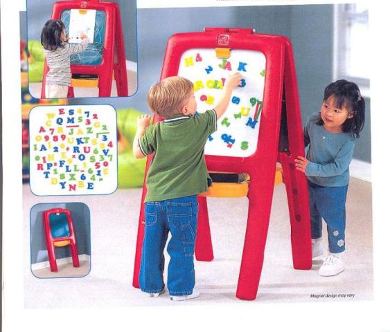 EASEL FOR TWO. DOUBLE SIDED HINGED EASEL. ONE WITH A CHALKBOARD AND ONE WITH MAGNETIC DRY ERASE BOARD AND 77 FOAM MAGNETIC LETTERS, NUMBERS AND SIGNS. PAPER CLIP ON EACH EASEL SIDE FOR DRAWING AND PAINTING ACTIVITIES. MIDDLE STORAGE AREA HOLDS ART SUPPLIES FOR EASY ACCESS FROM BOTH SIDES. DEEP TRAYS AND PENCIL LEDGES KEEP PAINT, BRUSHES, MARKERS, CHALK AND ERASERS WITHIN EASY REACH.