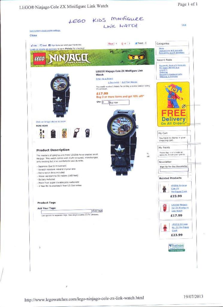 LEGO KIDS MINIFIGURE WATCH. WATCH WITH A MECHANICAL DISPLAY. POWERED BY CLOCKWORK. DISPLAY FACE HAS AN IMAGE OF A CHARACTER FROM CHILDREN'S TELEVISION SHOWS.