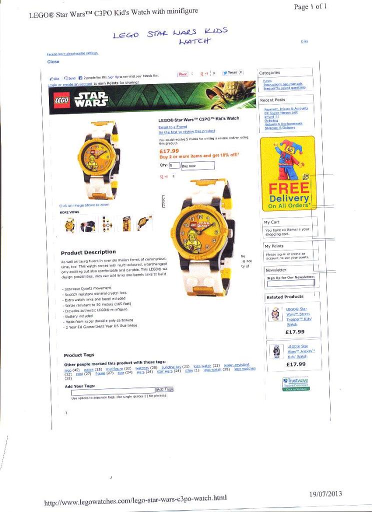 LEGO STAR WARS KIDS WATCH. WATCH WITH A MECHANICAL DISPLAY. POWERED BY CLOCKWORK. HAS A CHARACTER FROM THE STAR WARS SERIES OF FILMS ON THE DISPLAY.