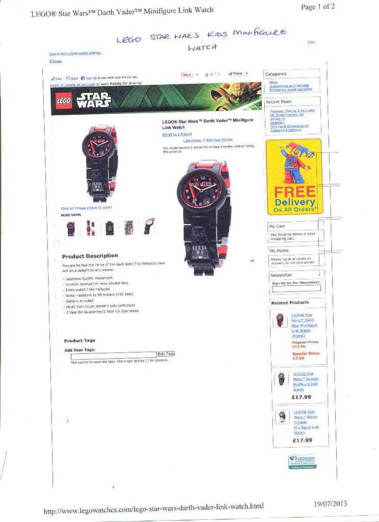 LEGO STAR WARS KIDS MINIFIGURE LINK WATCH. WATCH WITH A MECHANICAL DISPLAY. POWERED BY CLOCKWORK. HAS A CHARACTER FROM THE STAR WARS SERIES OF FILMS EMBOSSED ON THE STRAP.