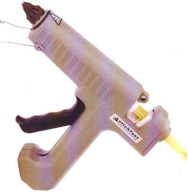GLUE GUN USED TO APPLY MELTED GLUE TO WOOD, TEXTILE AND OTHER MATERIAL. ELECTRICALLY POWERED AND HAND HELD.