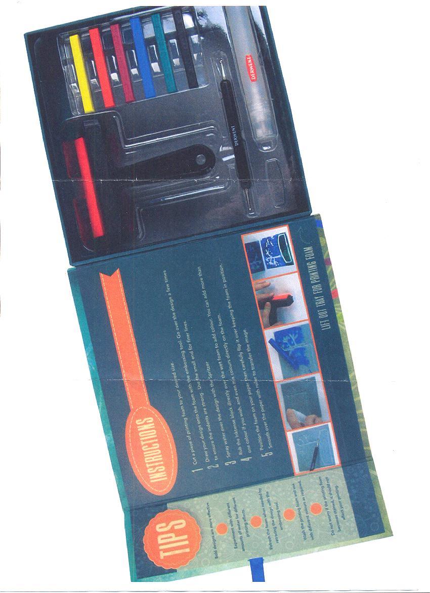 A PRINTMAKING SET FOR PRINTING DESIGNS AND IMAGES TO MAKE PRINTS, GREETINGS CARDS, ETC. THE IMAGE IS MADE WITH AN IMPLEMENT ON A PIECE OF FOAM. AFTER THIS PROCESS THE IMAGE IS AT A LOWER LEVEL THAN THE REST OF THE FOAM. ONE OF A SELECTION OF SIX COLOURED INKTENSE PAINT BLOCKS IS THEN RUBBED ON THE FOAM WHEREUPON THE FOAM IS TURNED UPSIDE DOWN AND PLACED ON A PIECE OF PAPER. THE IMAGE THEN APPEARS IN WHITE ON THE PAPER WITH THE COLOUR SURROUNDING IT. THE SET CONSISTS OF SIX INKTENSE PAINT BLOCKS, AN IMPLEMENT FOR USE ON THE FOAM, A WATER SPRAY, FOAM SHEETS, AND A ROLLER FOR PUSHING THE FOAM ON TO THE PAPER. PACKAGED FOR RETAIL SALE.