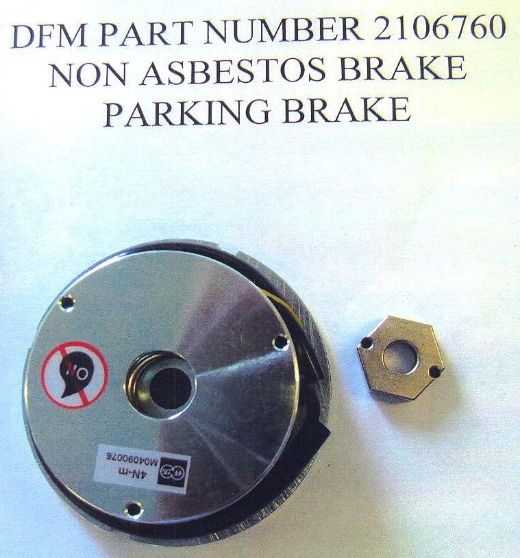 NON ASBESTOS PARKING BRAKE. CONSISTS OF A MOUNTED FLANGE, FRICTION DISC, POSITIONING STUD, LEAD WIRES, MAGNETIC FIELD, COIL AND AN ARMATURE POINT.

USED AS A BRAKE IN A MOTORISED WHEELCHAIR.