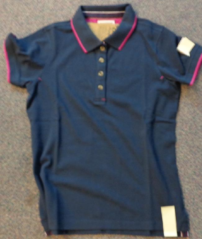 A KNITTED WOMEN'S POLO SHIRT OF 100% COTTON. HAS A COLLAR AND FOUR BUTTONS AT THE TOP WITH RIGHT OVER LEFT FASTENING. SHORT SLEEVES.  DARK BLUE IN COLOUR WITH DARK PINK TRIM ROUND THE EDGES OF THE SLEEVES AND COLLAR. CONTAINED IN A TRANSPARENT PLASTIC BAG.