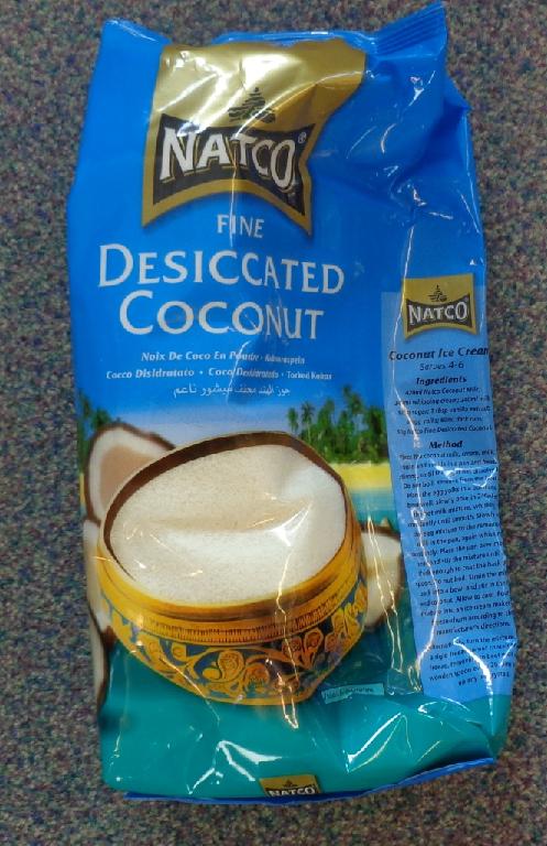 FINE DESICCATED COCONUT. INGREDIENTS; DESICCATED COCONUT, PRESERVATIVE: SULPHUR DIOXIDE. PACKAGED IN A 1KG PRINTED PLASTIC AIRTIGHT BAG. AT LEAST 50% BY WEIGHT PASSES THROUGH A WOVEN METAL WIRE CLOTH SIEVE WITH AN APERTURE OF 2.5 MM.