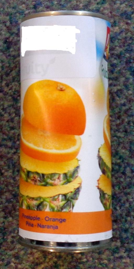 PINEAPPLE AND ORANGE FRUIT JUICE. A MIXTURE OF PINEAPPLE JUICE CONCENTRATE AND ORANGE JUICE CONCENTRATE. WITH WATER TO RECONSTITUTE THE CONCENTRATES BACK TO 100% SINGLE STRENGTH. ANTIOXIDENT: ASCORBIC ACID. PRESENTED IN A 250ML PULL RING CAN WITH A PRINTED LABEL.