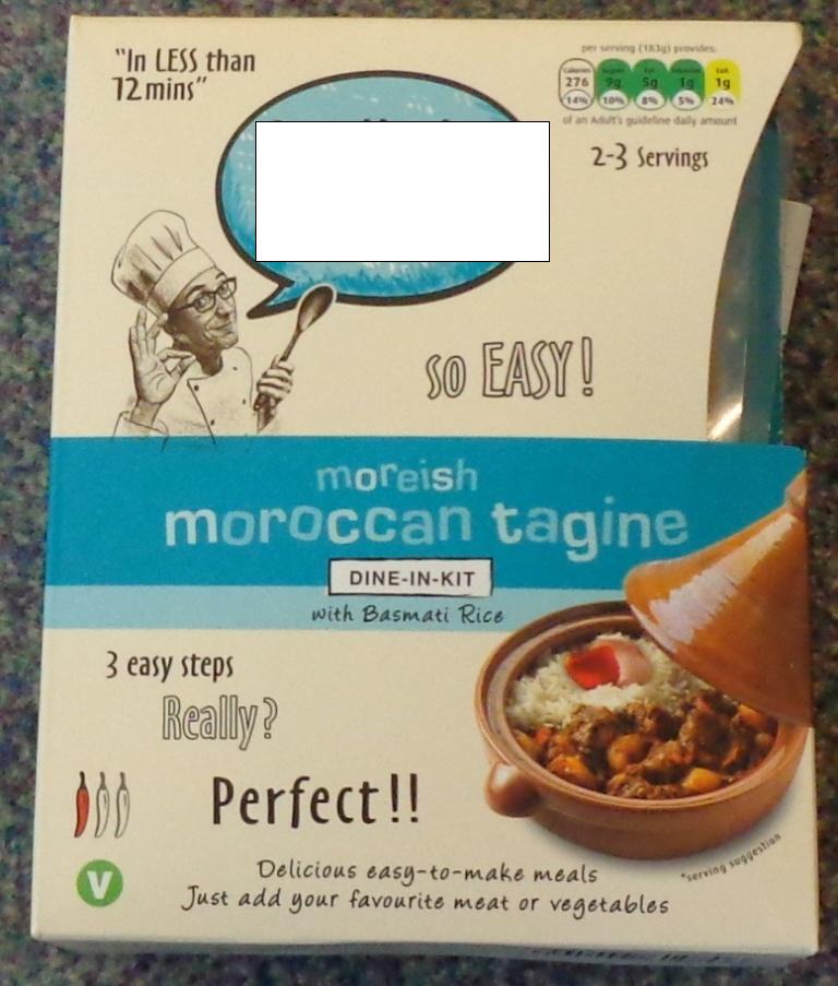 MOROCCAN TAGINE RICE MEAL  KIT WITH BASMATI RICE. KIT CONSISITS OF A POUCH OF  RICE,  TAGINE SAUCE, TAGINE PASTE AND TAGINE DRY SPICE. JUST ADD MEAT OR VEGETABLES. SAUCE BASE INGREDIENTS: TOMATO, WATER, ONION, GARLIC, RED CAPSICUM, OLIVE OIL, CARROTS, CELERY, LEEKS, GINGER, CORNFLOUR, LEMON SEASONING, SALT, DRY CORIANDER, GARLIC POWDER, GINGER POWDER, CINNAMON, CITRIC ACID E330, COLOUR: PAPRIKA OLEORESIN, BLACK PEPPER, DRY PARSLEY, CUMIN POWDER, BAY LEAF, CLOVE POWDER. SAUCE PASTE INGREDIENTS TOMATO, OLIVE OIL. SPICES INGREDIENTS DEHYDRATED APRICOT, CINNAMON STICK, DRY CORIANDER, ROSE PETALS, CLOVE, DRY PARSLEY.  
PRESENTED IN  PRINTED CARDBOARD PACKAGING.