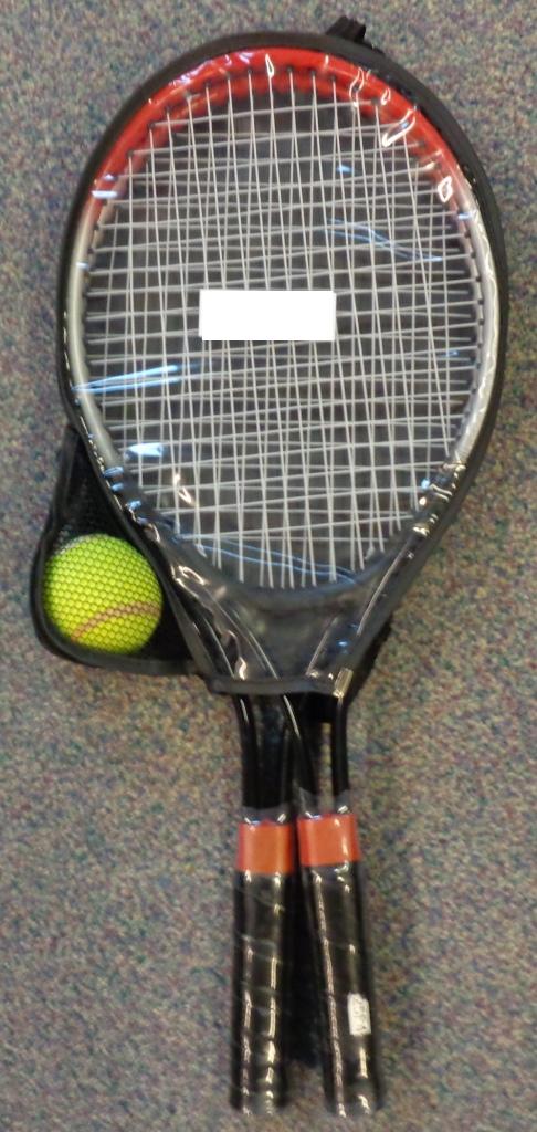 LAWN TENNIS RACKET SET. CONSISTING OF 2 TENNIS RACKETS AND A BALL. PRESENTED IN A CLEAR PLASTIC ZIPPED CASE WITH A SMALL SEPARATE COMPARTMENT CONTAINING A BALL. CASE IS SPECIFICALLY SHAPED TO HOLD ALL THE ITEMS TOGETHER WHEN NOT IN USE