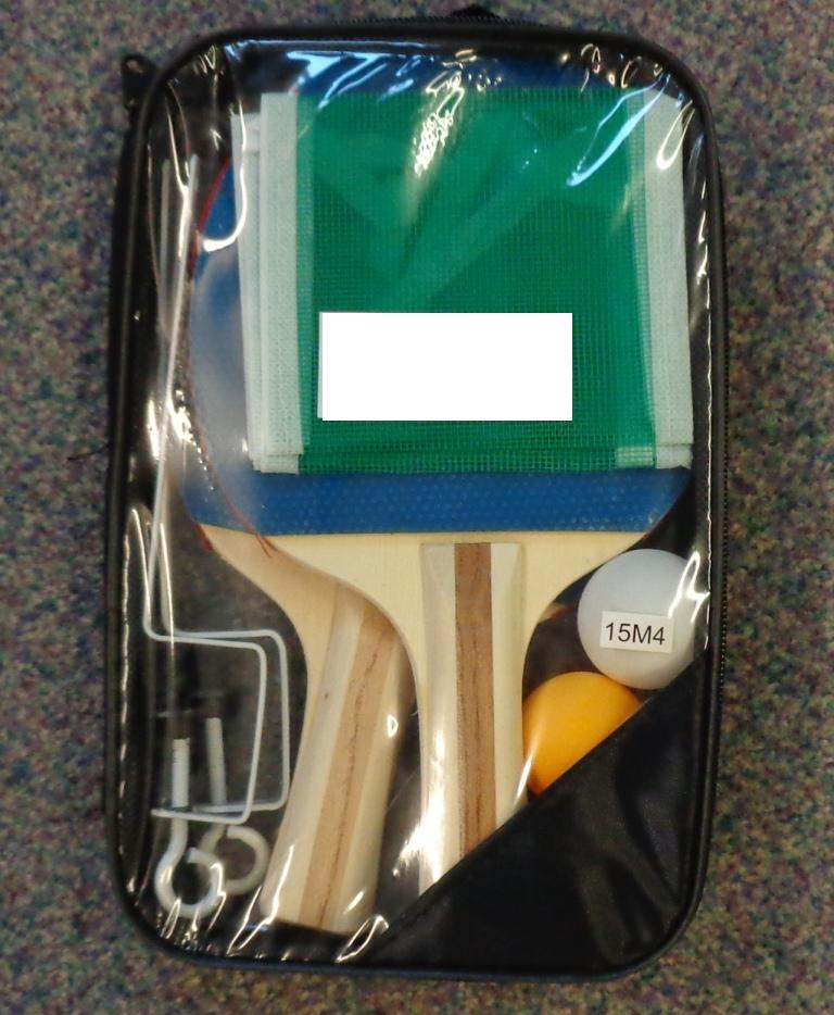 A TABLE TENNIS SET. CONSISTING OF 2 TABLE TENNIS BATS, 3 BALLS AND A NET THAT TIES ON TO 2 METAL CLAMPS WHICH FIT TO THE EDGES OF A TABLE. PRESENTED IN A CLEAR PLASTIC ZIPPED CASE DESIGNED TO KEEP ALL THE ITEMS TOGETHER WHEN NOT IN USE