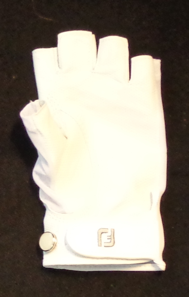A LADIES STAY COOLER GLOVE WITH LEATHER PALM AND LEATHER ON INSIDES AND SIDES OF FINGERS. THE BACK OF THE HAND AND BACKS OF THE FINGERS ARE OF KNITTED TEXTILE. THE FINGERS ONLY GO ABOUT A THIRD OF THE WAY UP WITH THE UPPER TWO THIRDS OF THE FINGERS NOT COVERED BY THE GLOVE.