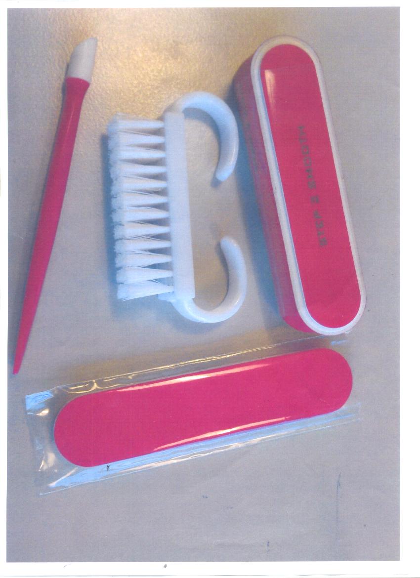 A NAIL CARE KIT CONSISTING OF A FINGER NAIL BRUSH WITH PLASTIC GRIP HANDLE AND NYLON BRISTLES,  A NAIL FILE WHICH IS PAPER ON FOAM BACKING, A NAIL BUFFER WITH ASSORTED LEVELS OF BUFFER ON ALL 4 SIDES AND A CUTICLE PUSHER-FOAM TIP ON A THIN PLASTIC HANDLE AND A MESH NET POUCH WITH ZIP OPENING. PACKED FOR RETAIL SALE.