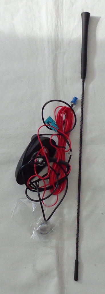 A WHIP TYPE AERIAL DESIGNED TO BE MOUNTED ONTO THE ROOF OF A MOTOR VEHICLE.  THE ANTENNA IS SUPPLIED WITH MOUNT AND THE CABLES (FITTED WITH CONNECTORS) FOR DAB, AM/FM RADIO, GPS AND POWER.  IT IS SUPPLIED IN A PRINTED PLASTIC BAG.
