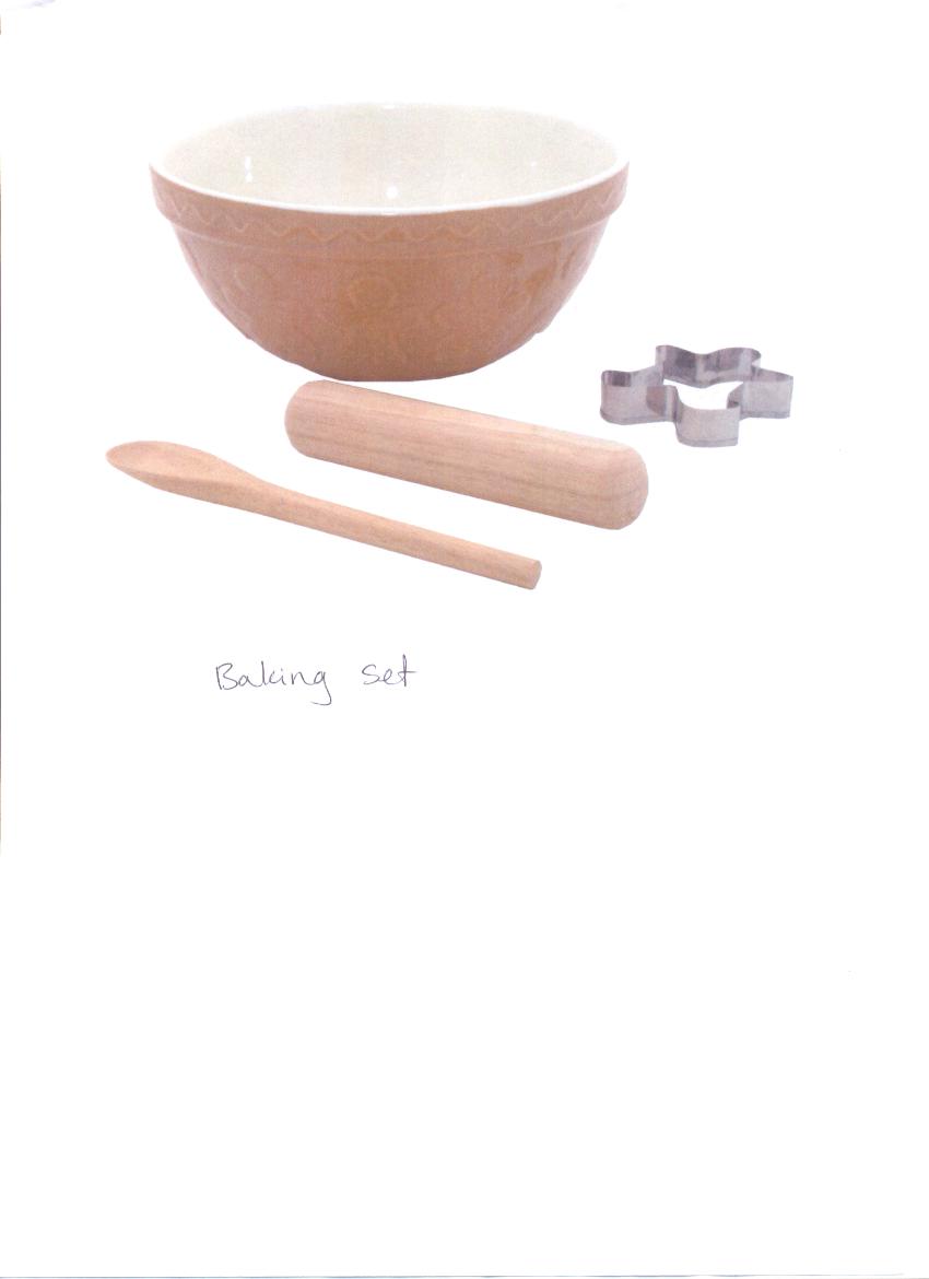 A BAKING SET CONSISTING OF A MIXING BOWL MADE OF DOLOMITE, A WOODEN ROLLING PIN, A WOODEN SPOON AND 2 METAL COOKIE CUTTERS IN THE SHAPE OF A STAR AND A HEART.