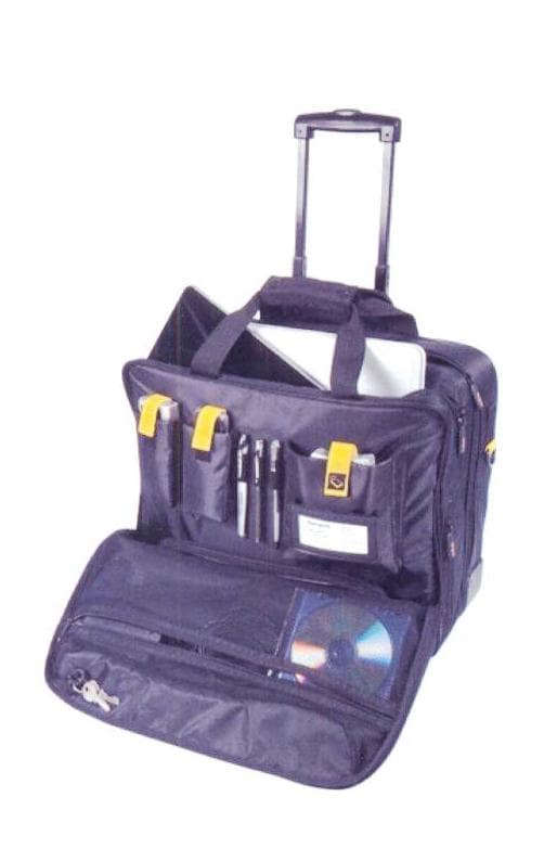 A SUITCASE MADE OF WOVEN NYLON TEXTILE DESIGNED FOR BUSINESS TRIPS. WITH SMOOTH ROLLING POLYURETHANE WHEELS AND A TELESCOPIC HANDLE. THE CASE HAS A COMPARTMENT DESIGNED TO CARRY A LAPTOP UP TO 17.3 INCHES. THERE ARE ALSO POCKETS AND COMPARTMENTS FOR ACCESSORIES.