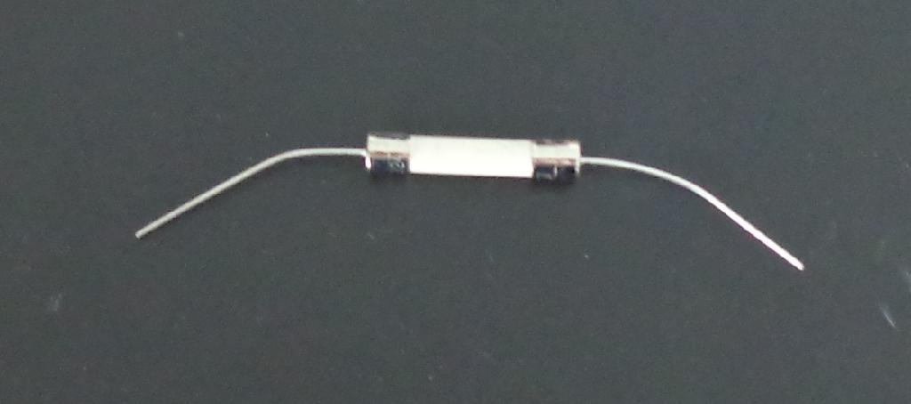 A FAST ACTING AXIAL LEAD FUSE WITH A CERAMIC BODY AND NICKEL PLATED BRASS CAP.  FOR 250V, 8A.  THE LEAD WIRE DIAMETER IS 0.8 MM.  THE FUSE IS INTENDED FOR USE IN A PROGRAMMABLE POWER CONVERTER.