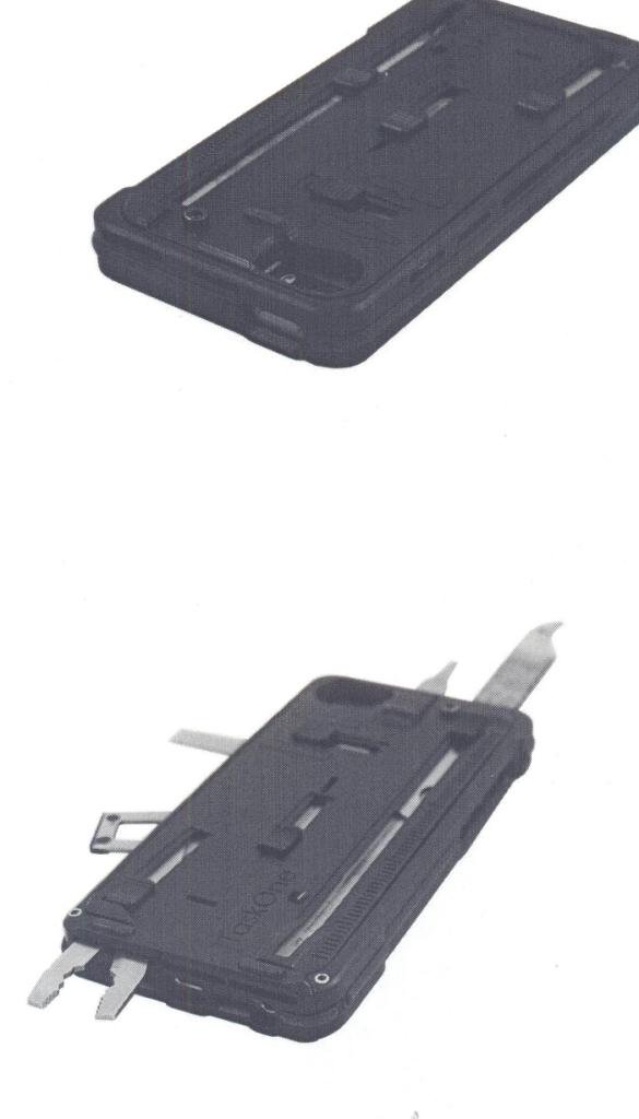 A MULTI TOOL MOBILE PHONE CASE, MADE FROM ALUMINIUM AND PLASTIC. THE ARTICLE IS MADE UP OF THE FOLLOWING:
STEEL TOOLS (440C STAINLESS STEEL + SCREWS (MILD STEEL) - 43%
ALUMINIUM (ADC12 ) - 24%
POLYCARBONATE + TPU RUBBER SURROUND - 20% 
PACKAGING (PAPERBOARD - FOAM) - 13%.
THE ARTICLE CONTAINS 22 USEFUL STAINLESS STEEL TOOLS THAT ARE ULTRA LIGHT-WEIGHT AND STRONG. THE TOOLS INCLUDE A FILE, A SAWBLADE, SMALL AND LARGE FLATHEAD SCREWDRIVERS, MEDIUM PHILLIPS SCREWDRIVER, PLIERS WITH A BOX WRENCH, WIRE CUTTERS, WRENCHES, SPOKE WRENCHES, A WIRE STRIPPER, A RULER, A BOTTLE OPENER.
THE TOOLS ARE HOUSED IN A LIGHT PRECISION AIRCRAFT ALUMINIUM ENCLOSURE THAT IS CONNECTED TO THE MOBILE PHONE THROUGH MOULDER OUTER POLYCARBONATE BANDS. USE OF THE TOOLS IS SIMPLE - WHEN STORED THE TOOLS ARE SAFELY SECURED VIA THE CUSTOM SPRING ASSEMBLIES.