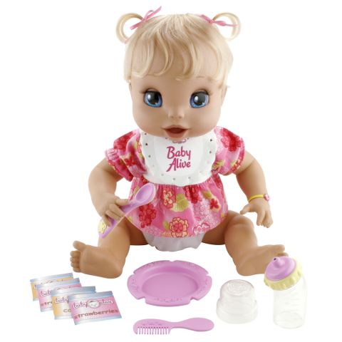 A BABY DOLL APPROX 40 CMS IN HEIGHT. THE DOLL IS INTERACTIVE AND INCLUDES SUCH FEATURES AS BABY ALIVE EATING AND POTTY AND A MECHANIZED MOVEMENT IN THE FACE. THE MOVEMENT IS SYNCHRONOUS WITH SPEECH WHICH ENHANCES THE NURTURING PLAY PATTERN. ACCESSORIES INCLUDE DIAPERS, DRESS, BIB, BOTTLE, SPOON, BOWL AND COMB. BATTERY OPERATED. INCLUDES TOY BABY FOOD FOR USE SOLELY WITH THE DOLL AND MARKED NOT INTENDED FOR HUMAN CONSUMPTION.