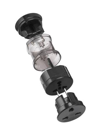 WORLD POWER TRAVEL ADAPTERS, DIMENSIONS 8.5 X 5 X 4.5 CM.  IT PROVIDES A PHYSICAL CONNECTION TO DIFFERENT INTERNATIONAL POWER SYSTEMS.  CONSISTS OF THREE TRAVEL PLUGS PACKED IN A STORAGE TUBE.