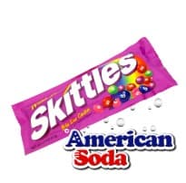 SKITTLES. SUGAR CONFECTIONERY. INGREDIENTS INCLUDE Sugar, corn syrup, partially hydrogenated soybean oil, fruit juice from concentrate (strawberry, cherry, raspberry grape, blackberry), less than 2% citric acid, dextrin, gelatian, artificial and natural flavours, food starch-modified, colouring (includes E129 lake, E132 lake, E102 lake, E133 lake, E129, E102, E133, E110), ascorbic acid (vitamin C). Net weight 61.5 grams.