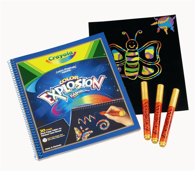 DRAWING PAD WITH 3 PENS. THE DRAWING PAD HAS 20 SHEETS OF BLACK PAPER WHICH WHEN DRAWN ON WITH ONE OF THE PENS SUPPLIED CREATES RAINBOW COLOURS. THE PENS CAN ONLY BE USED WITH THE SPECIAL PAPER PAD AS THE INK RUNS CLEAR ON ANY OTHER SURFACE.
