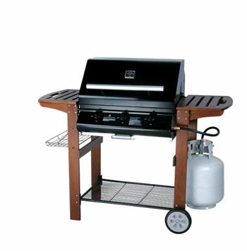 STEEL BBQ. GAS OPERATED. WITH WOODEN FRAME AND WHEELS.