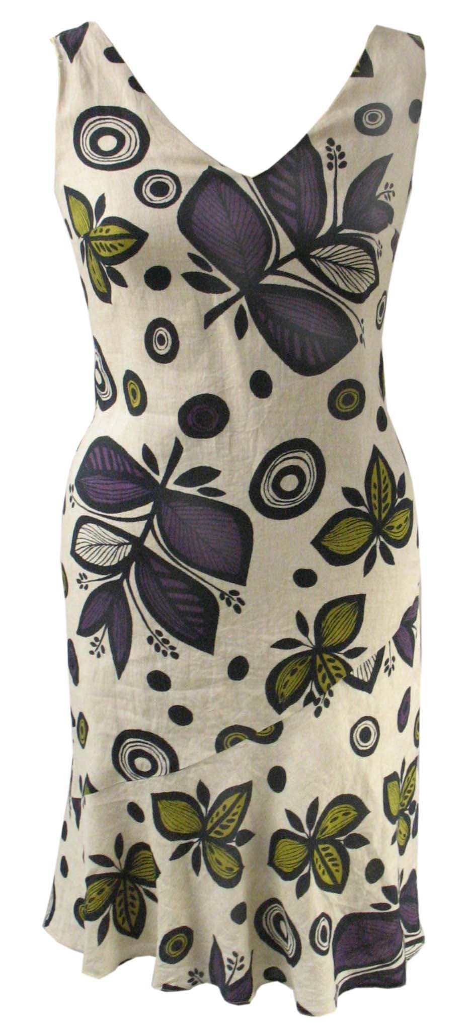 A WOVEN DRESS. DESIGNED TO COVER THE BODY FROM THE SHOULDERS TO THE CALF.  WITH A V NECKLINE AT THE FRONT AND BACK. WITHOUT SLEEVES. WITH A ZIP FASTENING AT THE BACK. IN A FLORAL DESIGN. FULLY LINED. 100 PER CENT LINEN.