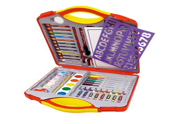 CRAYOLA AMAZING ART CASE. COMPRISING 8 WAX CRAYONS, 6 FELT TIP PENS, 5 PALLET PAINTS, 5 POSTER PAINTS, 1 PAINT BRUSH, 1 INK STAMPER, 12 COLOURING PENCILS, 1 GRAPHITE PENCIL, 1 ERASER, 1 PEN,  1 PENCIL SHARPENER, 20 PAPER CLIPS, A COLOURING BOOK, 3 ENVELOPES, 2 STENCIL CARDS, 1 PAGE OF STICKERS. ALL PRESENTED IN A PLASTIC MOULDED CASE. PACKAGED FOR RETAIL SALE IN A PRINTED CARDBOARD BOX.
