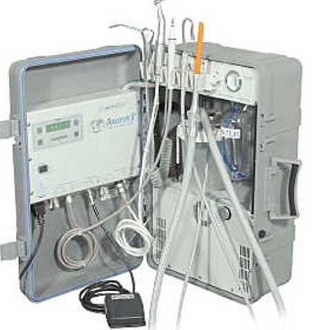 PORTABLE DENTAL SYSTEM WITH OPTIONAL PIEZO ULTRASONIC SCALER. Features 3 way syringe, auto clavable 30k motor, high and low volume evacuation, self contained water supply, self contained air compressor, on/off foot switch.EASILY TRANSPORTED WITH PULL OUT HANDLE AND WHEELS. LIGHTWEIGHT APPROX 50ILB.