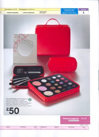 A PVC SHEETING COATED VANITY CASE. SQUARE IN SHAPE WITH HANDLE. ZIP CLOSURE. INSIDE THE CASE IS A SHAPED TRAY FIT AT THE BOTTOM, THE TRAY IS FILLED WITH 10 EYE COLOURS, 5 LIP COLOURS, 4 METALLIC COLOURS, 2 CHEEK COLOURS, A HIGHLIGHTER, 5 MAKE UP BRUSHES IN A SEPARATE SHAPED BAG, WITH A PVC MIRROR WITH STAND AND A SEPARATE PVC MAKE UP POUCH.
