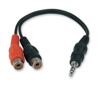 A 3.5 MM MINI STEREO MALE TO FEMALE AUDIO ADAPTER.  KEY FEATURES INCLUDE: A HIGH QUALITY STEREO ADAPTER TERMINATED AT ONE END WITH A STEREO AUDIO PLUG AND TERMINATED AT THE OTHER END WITH TWO, COLOR-CODED, FEMALE RCA CONNECTORS.
