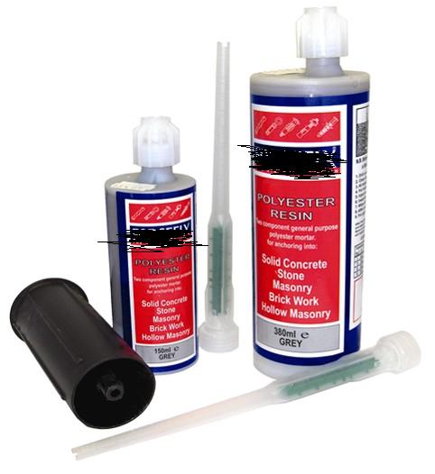 A TWO PART COMPONENT GENERAL PURPOSE POLYESTER MORTAR  RESIN  (CEMENT RESIN) AND HARDENER FOR USE IN THE CONSTRUCTION INDUSTRY AS A FAST ACTING  CEMENT  FOR ANCHORING INTO SOLID CONCRETE, BRICK WORK, HOLLOW MASONARY AND TO BE USED IN CONJUNCTION WITH A THREADED STUD AS AN ANCHOR. AVAILABLE IN TWO PART CARTRIDGE. COMES COMPLETE WITH A FIXING NOZZLE. PUT UP FOR RETAILS ALE IN 380 ML AND 150 ML GREY BOTTLE.