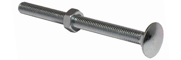 A STEEL, THREADED CUP, SQUARE BOLT, WITH HEAD. WITH HEXAGONAL NUT.  THE THREAD EXCEEDS 6MM.  THE PRODUCT IS PROTECTED FROM CORROSION BY A ZINC PLATED FINISH.