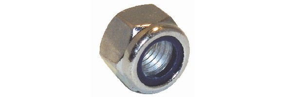 A STEEL HEXAGON SELF LOCKING NUT WITH NYLON INSERT.  WITH A THREAD DIAMETER NOT EXCEEDING 6MM.  THE PRODUCT IS PROTECTED FROM CORROSION BY A ZINC PLATED FINISH.