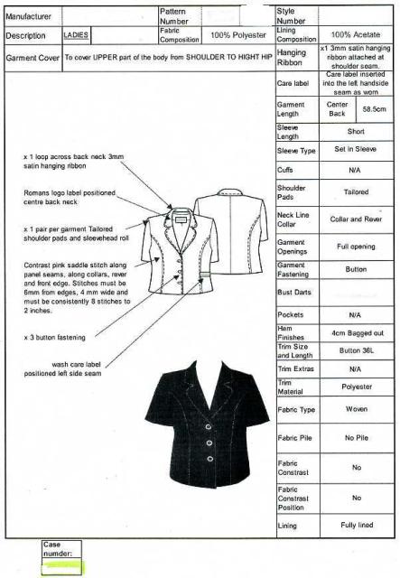 A LADIES WOVEN JACKET. DESIGNED TO COVER THE UPPER PART OF THE BODY FROM THE SHOULDERS TO THE HIPS. LINED. 58.5 CMS IN LENGTH FROM THE BACK OF THE NECK TO THE BASE OF THE GARMENT. WITH 3/4 SLEEVES. WITH COLLAR. WITH FULL OPENING WITH 3 BUTTON RIGHT OVER LEFT FASTENING. HEMMED. MADE FROM 100 PER CENT POLYESTER.