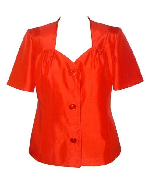 WOVEN LADIES PRINCESS LINE JACKET MADE FROM 100 PERCENT POLYESTER. THE JACKET IS LINED FULLY WITH 100 PERCENT ACETATE. THE GARMENT IS DESIGNED TO COVER UPPER PART OF THE BODY FROM SHOULDER TO WAIST AND GARMENTS LENGTH IS 60.4CM, MEASURED FROM THE CENTRE BACK. SHORT SLEEVED WITH A PRINCESS NECKLINE AND SATIN PIPING ALL AROUND THE GARMENTS EDGES TO FINISH. THE JACKET HAS FULL OPENING WITH 3 45L SELF FABRIC COVERED BUTTONS TO FASTEN RIGHT OVER LEFT.