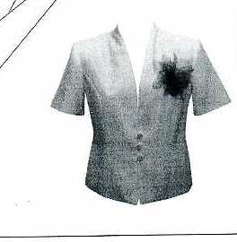 A WOVEN HIGH NECK JACKET FOR WOMEN. DESIGNED TO COVER THE UPPER PART OF THE BODY FROM SHOULDER TO HIGH HIP. MEASUREMENT IS EXACTLY 59.5CM LENGTH, TAKEN FROM THE CENTRE BACK OF THE GARMENT. FULLY LINED WITH 100 PER CENT ACETATE LINING. WITH SHORT SLEEVES AND HIGH NECK COLLAR WITH SATIN PIPING AROUND ALL THE EDGES TO FINISH. THE GARMENT HAS A FULL OPENING WITH 3 28L BUTTONS TO FASTEN. THE GARMENT ALSO HAS 1 DETACHABLE BROOCH WHICH HAS BEEN CLASSIFIED SEPARATELY. THE GARMENT IS MADE FROM 100 PER CENT POLYESTER,