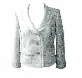 A WOVEN JACKET FOR WOMEN. DESIGNED TO COVER THE UPPER PART OF THE BODY FROM THE SHOULDERS TO THE  HIPS. LENGTH OF GARMENT IS 58CM, MESUREMENT TAKEN FROM CENTRE BACK. FULLY LINED WITH ACETATE. WITH LONG SLEEVES WITH SHAWLED SELF FABRIC COLLAR AND PATCHED POCKETS. WITH COMPLETE OPENING, FASTENED WITH 3 40L BUTTONS. THE GARMENT IS MADE FROM 100 PER CENT POLYESTER