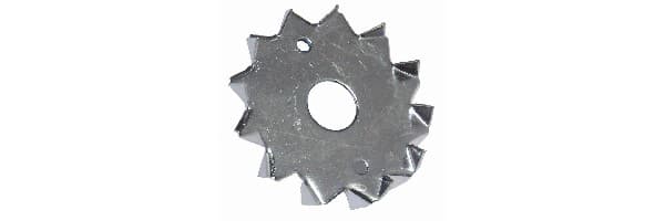 A ZINC PLATED STEEL WASHER. WITH GRIPPING TEETH AROUND THE OUTER EDGE DESIGNED TO PREVENT SLIPPAGE WHEN JOINING TIMBER.