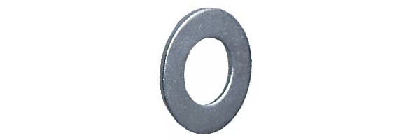 A FLAT WASHER OF ZINC PLATED STEEL.