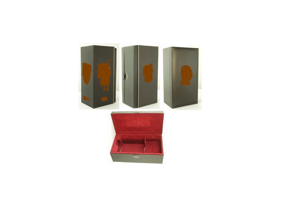 PRESENTATION/STORAGE BOX CONSTRUCTED FROM NON-CORRUGATED PAPERBOARD WITH AN OUTER SURFACE OF PVC. BLACK IN COLOUR. WITH HINGED LID. INNER COMPARTMENT OF RED SILSUEDE. PACKAGED IN A PAPERBOARD SLIP CASE BLACK IN COLOUR WITH GOLD BLOCKING AND DECORATIVE LABELS, APPLIED WITHIN DEBOSSED FEATURE, ON FRONT & SIDE FACING.